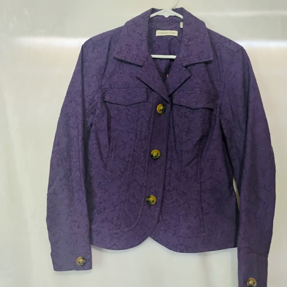 Coldwater Creek Purple Cotton Blend Embroidered Fitted‎ Jacket Womens 8 Short K